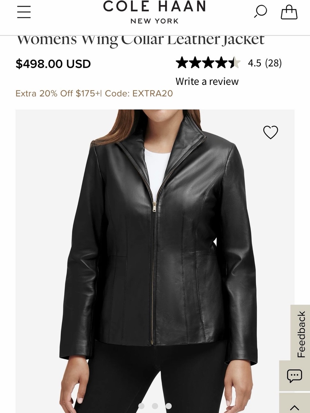 Cole Haan Black Leather Zip-Front Wing Collar Jacket